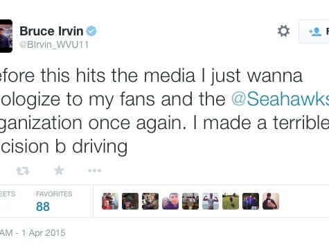 And We're Off, Seahawks Lineman Bruce Irvin Tweets That He Got A DUI, Haha Just Kidding, April Fools!