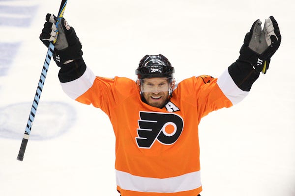 Kimmo Timonen #44 of the Philadelphia Flyers holds his hands up
