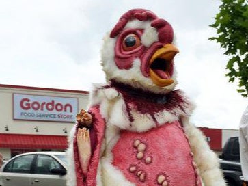 Props To These Animal Rights Protestors For Coming Up With The Scariest Mascot Of All Time, "Abby The Abused Chicken"