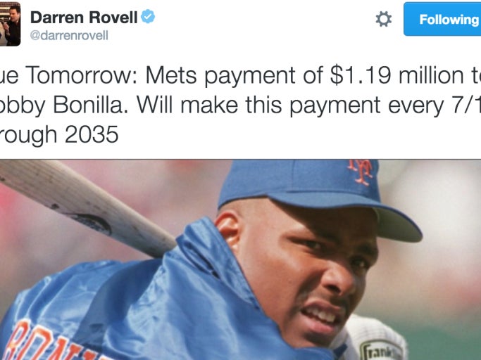 Happy Anniversary Of Rovell Always Tweeting About Bobby Bonilla's Mets Contract 1 Day Before The Bobby Bonilla Contract Anniversary