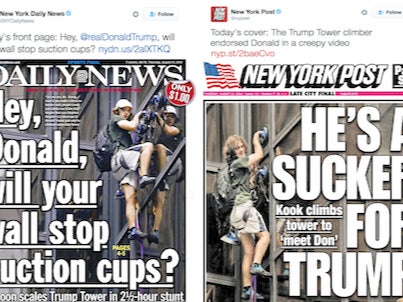 The New York Newspapers Get An F - For Their "Suction Cup Guy Climbing Trump Tower" Headlines