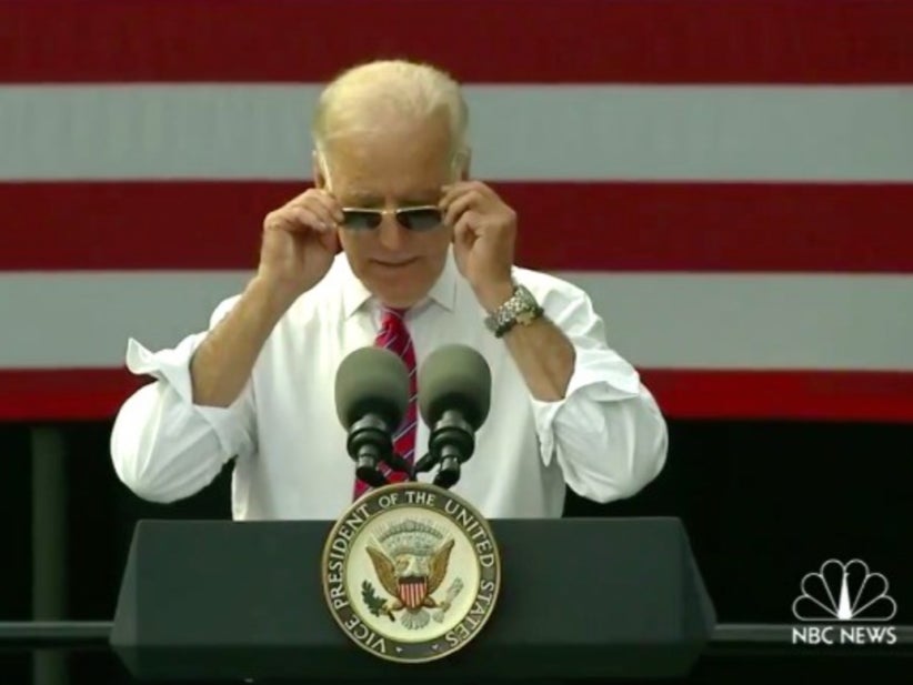 Joe Biden Calmy Slides On A Pair Ray-Bans While Giving A Speech