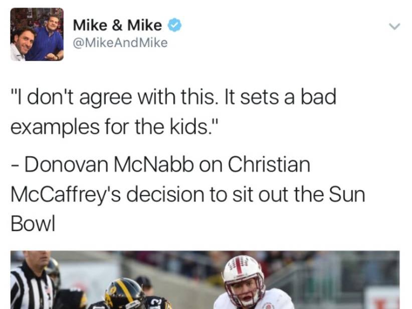 Donovan McNabb Is Worried About What The Kids Will Think When Christian McCaffrey Sits Out The Sun Bowl