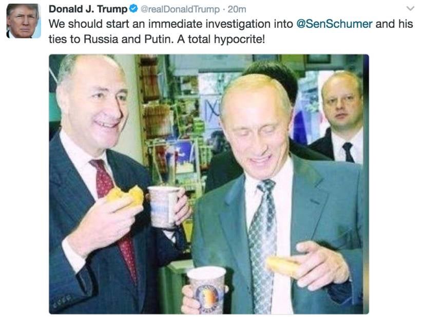 Trump Unleashes Hilarious, Ruthless Tweet Showing Chuck Schumer Eating Donuts With Putin