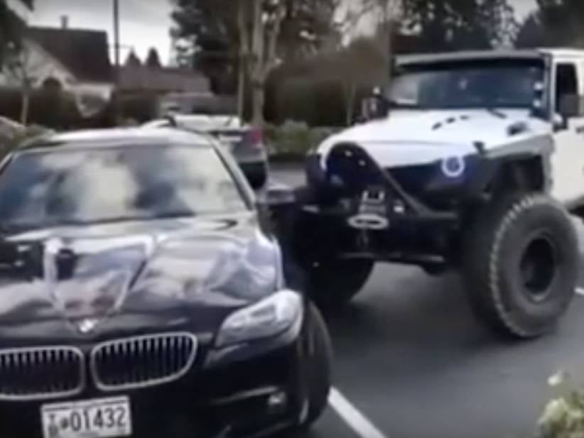 Asshole In A Jeep Pushes Another Asshole's BMW Into A Parking Spot