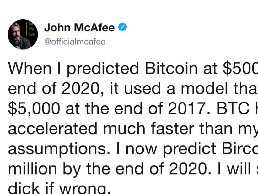 John McAfee Says He'll Eat His Own Dick If BitCoin Isn't At 1 Million Before 2020