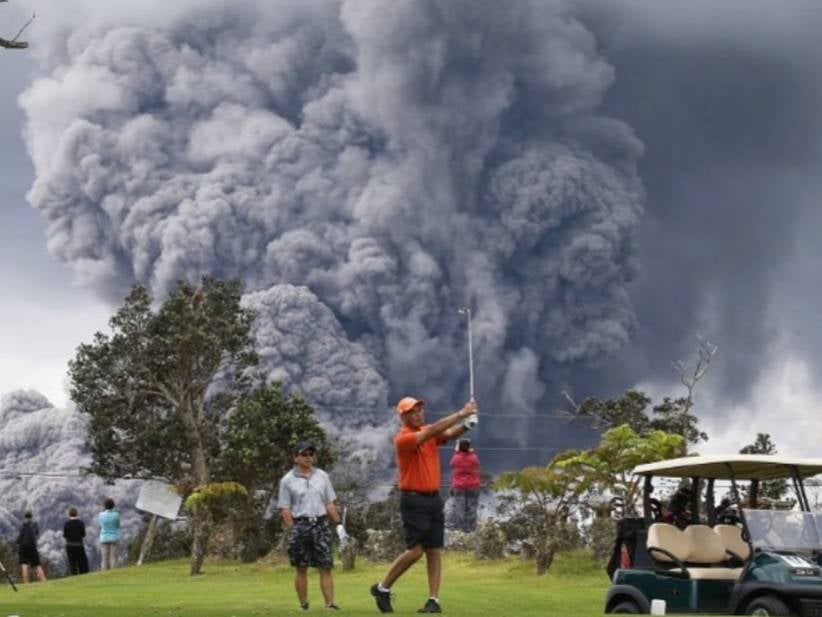 Just Guys Being Dudes Golfing With An Erupting Volcano Right Behind Them