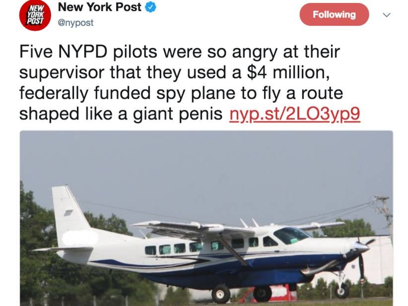 NYPD Pilots Got So Mad At Their Boss They Took A $4 Million Spy Plane And Flew A Route In The Shape Of A Dick